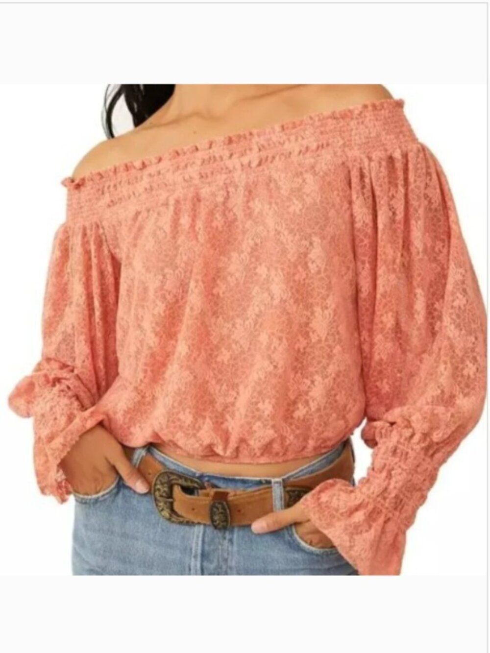 NWT FREE PEOPLE Emily Lace Top Off-The-Shoulder Long Sleeve Crop Coral Size S